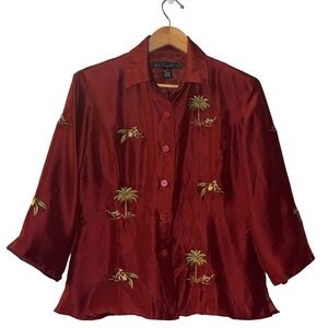 SILKLAND Silk Blazer Maroon Tropical Monkey Embroidered Jacket Size‎ 10 Artsy